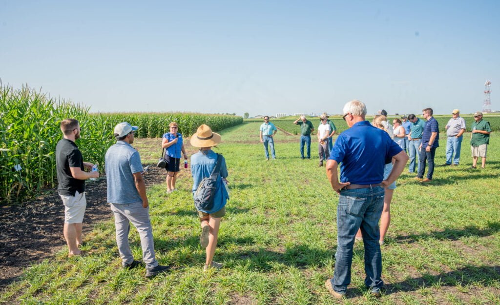 Group of people talking at the farm by a cornfield.