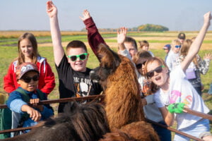 Children and a llama at Livestock Bonanza at Grand Farm.