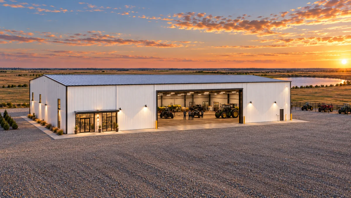 Rendering of the planned Grand Farm EDA Indoor Test Track at golden hour.