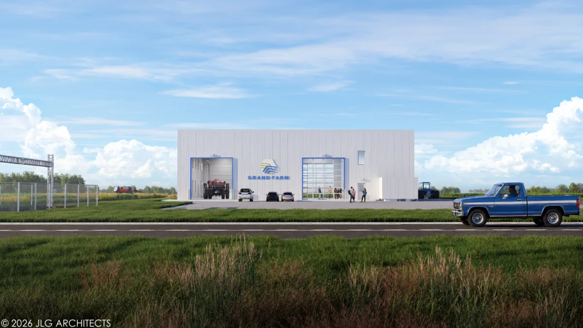 Architectural rendering of the planned Grand Farm Field Operations Facility, with the Grand Farm logo and agricultural equipment.